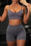 Dark Gray Casual Sportswear Solid Backless Vest Shorts Two Piece Set