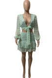 Pink Celebrities Solid Bandage Patchwork Flounce V Neck Long Sleeve Two Pieces