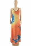 Red Sexy Casual Print Tie Dye Backless Spaghetti Strap Long Dress