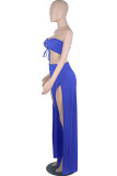 Colorful Blue Sexy Casual Solid Bandage Hollowed Out Asymmetrical Strapless Sleeveless Two Pieces