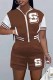Khaki Fashion Casual Letter Print Patchwork Zipper Collar Short Sleeve Two Pieces