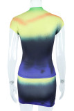 Yellow Sexy Print Patchwork O Neck Short Sleeve Two Pieces
