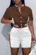 Dark Brown Casual Patchwork Pocket Cardigan Collar Short Sleeve Two Pieces