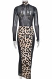 Black Fashion Sexy Print Leopard Patchwork See-through Turtleneck Long Sleeve Dresses