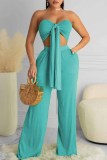 Cyan Sexy Casual Solid Bandage Backless Strapless Sleeveless Two Pieces