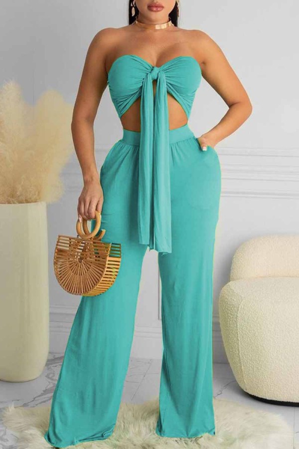 Cyan Sexy Casual Solid Bandage Backless Strapless Sleeveless Two Pieces