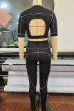 Black Sexy Sportswear Solid Patchwork Backless O Neck Short Sleeve Two Pieces