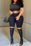Black Sexy Solid Hollowed Out Split Joint O Neck Plus Size Two Pieces