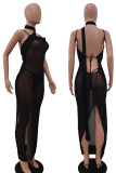 Black Sexy Solid Split Joint See-through Backless Asymmetrical Collar One Step Skirt Dresses