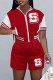 Red Fashion Casual Letter Print Patchwork Zipper Collar Short Sleeve Two Pieces