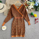 Orange Fashion Elegant Letter Patchwork V Neck One Step Skirt Dresses