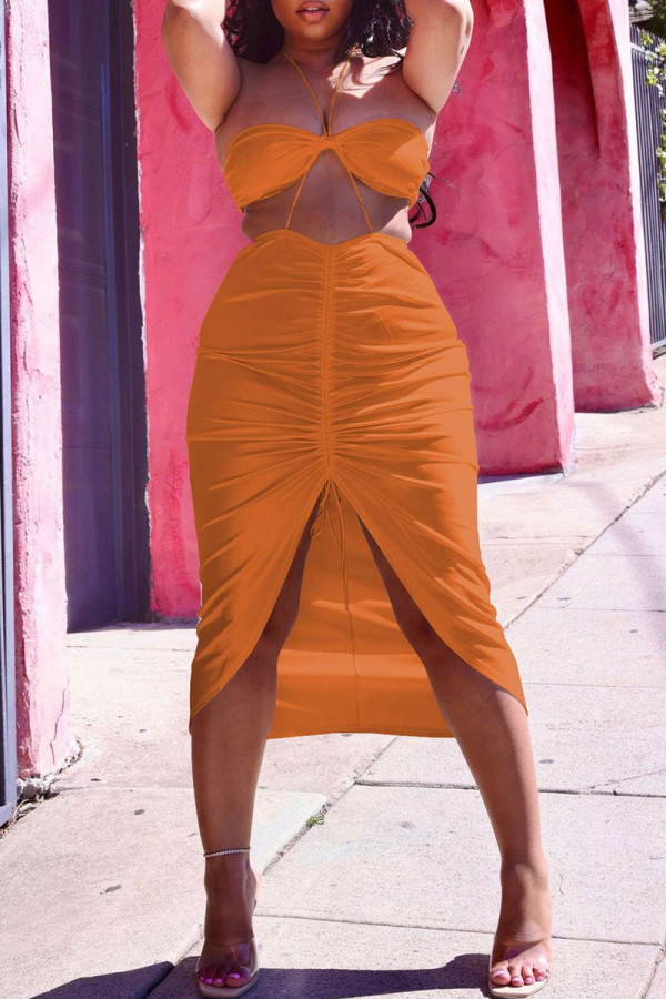 Orange Sexy Solid Backless Fold Strapless Sleeveless Two Pieces