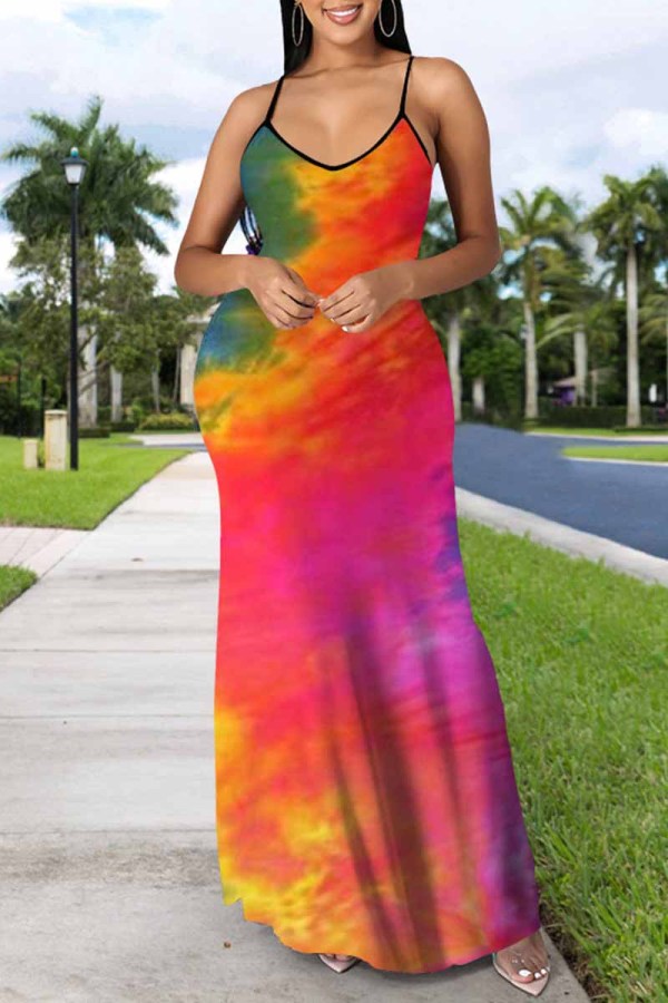 Red Sexy Casual Print Tie Dye Backless Spaghetti Strap Long Dress
