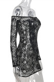 Black Fashion Sexy Solid Hollowed Out See-through Off the Shoulder Long Sleeve Dresses