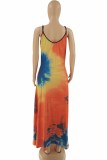 Red Sexy Casual Print Tie Dye Backless Spaghetti Strap Long Dress