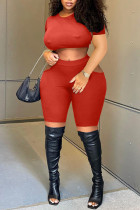 Red Sexy Solid Hollowed Out Split Joint O Neck Plus Size Two Pieces