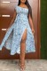 Light Blue Fashion Casual Print Backless Slit One Shoulder Sleeveless Dress