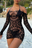 Black Fashion Sexy Solid Hollowed Out See-through Off the Shoulder Long Sleeve Dresses
