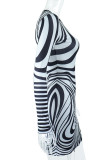 Black Sexy Print Patchwork Fold Asymmetrical O Neck Pencil Skirt Dresses