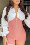 Apricot Fashion Casual Patchwork Hollowed Out Turndown Collar Skinny Romper