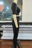Black Sexy Sportswear Solid Patchwork Backless O Neck Short Sleeve Two Pieces