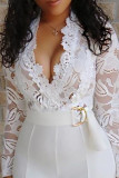 White Elegant Solid Patchwork See-through V Neck Straight Jumpsuits