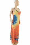 Red Sexy Casual Print Tie Dye Backless Spaghetti Strap Long Dress