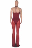 Color Blue Sexy Patchwork Bandage Hollowed Out See-through Backless Spaghetti Strap Skinny Jumpsuits
