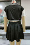 Black Sexy Print Patchwork Buckle Short Sleeve Two Pieces