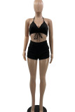 Black Sexy Solid Split Joint Halter Sleeveless Two Pieces