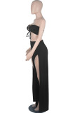 Colorful Blue Sexy Casual Solid Bandage Hollowed Out Asymmetrical Strapless Sleeveless Two Pieces