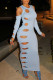 Light Blue Sexy Solid Hollowed Out Patchwork O Neck One Step Skirt Dresses