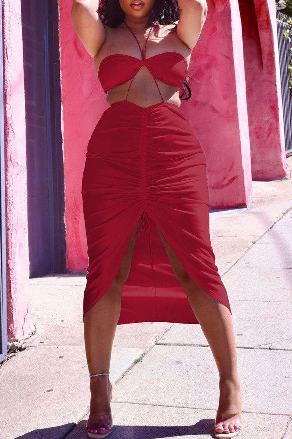 Red Sexy Solid Backless Fold Strapless Sleeveless Two Pieces