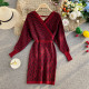 Red Fashion Elegant Letter Patchwork V Neck One Step Skirt Dresses