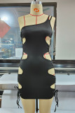 Blue Sexy Solid Bandage Hollowed Out Patchwork Oblique Collar One Step Skirt Dresses