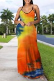 Red Sexy Casual Print Tie Dye Backless Spaghetti Strap Long Dress