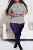 Black Fashion Casual Letter Print See-through O Neck Plus Size Two Pieces