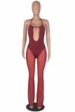 Color Blue Sexy Patchwork Bandage Hollowed Out See-through Backless Spaghetti Strap Skinny Jumpsuits