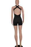 Black Sexy Solid Hollowed Out Patchwork Backless O Neck Regular Rompers