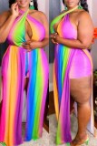 Multicolor Fashion Sexy Print Backless Slit Halter Sleeveless Two Pieces