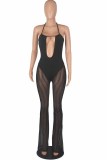 Color Blue Sexy Patchwork Bandage Hollowed Out See-through Backless Spaghetti Strap Skinny Jumpsuits