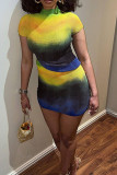 Yellow Sexy Print Patchwork O Neck Short Sleeve Two Pieces