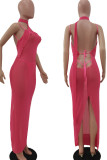 Pink Sexy Solid Split Joint See-through Backless Asymmetrical Collar One Step Skirt Dresses