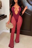 Color Blue Sexy Patchwork Bandage Hollowed Out See-through Backless Spaghetti Strap Skinny Jumpsuits
