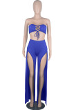 Colorful Blue Sexy Casual Solid Bandage Hollowed Out Asymmetrical Strapless Sleeveless Two Pieces