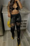Black Fashion Sexy Solid Lace Patchwork See-through Skinny High Waist Pencil Trousers