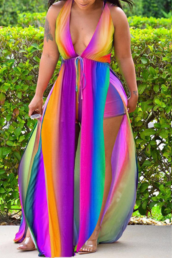 Multicolor Fashion Sexy Print Backless Slit Halter Sleeveless Two Pieces