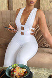 Blue Sexy Solid Hollowed Out Split Joint Asymmetrical Collar Regular Jumpsuits
