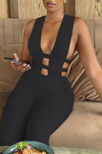Black Sexy Solid Hollowed Out Split Joint Asymmetrical Collar Regular Jumpsuits