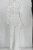 White Elegant Solid Patchwork See-through V Neck Straight Jumpsuits